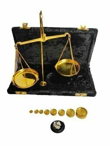 Vintage Gold Brass jewellery Scale With Velvet Box & Complete Set Weight Balance