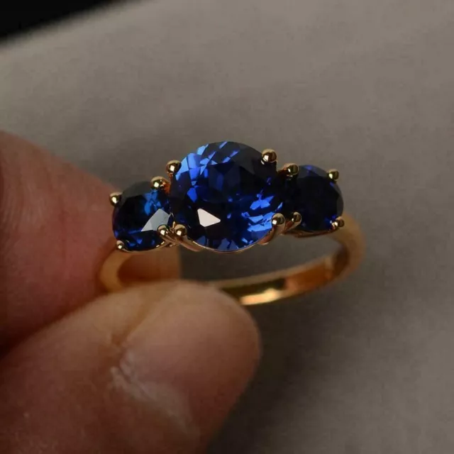 Three Stone Design Blue Sapphire 3.90CT Round Shape Engagement Ring 935 Silver