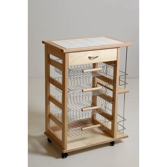 Carrello Da Cucina Porta Frutta In Faggio Con Cassetto E Portabottiglie - Made In Italy, Naturale - 4