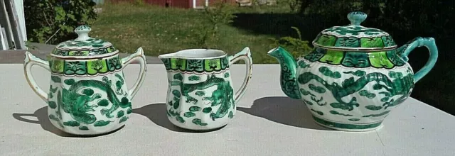 inhabituel 3 pièces thé pot chinois en porcelaine crème à sucre avec dragon vert jade 2
