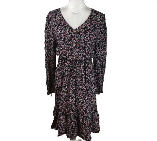 Blouson Dress Womens Size XL Black Pink Long Sleeve Rayon Floral Cottage Core