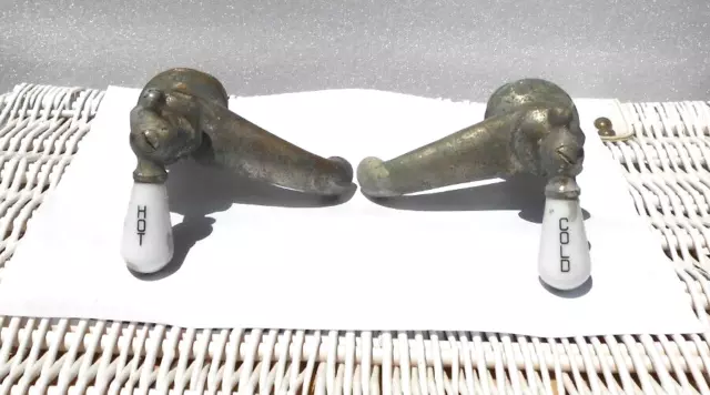 Hot and Cold Heavy Brass Vintage Faucets with Antique Porcelain Handles (1 Set)