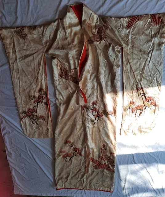 VTG Long Kimono, Sash, Bow Furisode Gold w/ Crane Design 71" Red lining