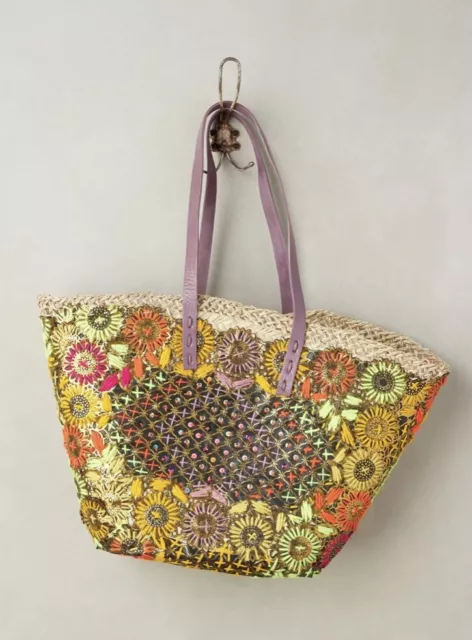 Anthropologie Violet Tote Bag House of Perna Straw Embroidered Leather Strap NEW