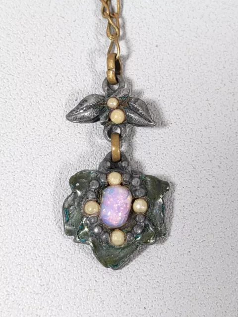 Roxanne Assoulin Bronze Tone Two Tone Faux Opal Flower Pendant Necklace 22 inch