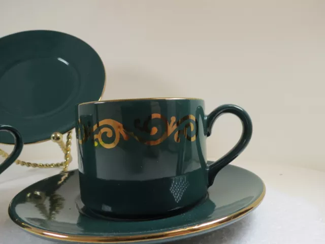 Hornsea Concept Pottery CUP and SAUCER Set of 2 HUNTER GREEN WITH GOLD SCROLLS 3