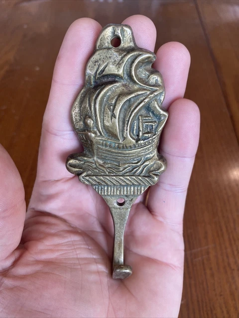 Vintage Bath Robe Coat J Hook Key Hanger Solid Brass Nautical Sailing Ship Boat