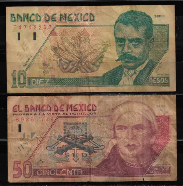 México. Escaso Lote De 2 Billetes De 10 Y 50 Pesos. 1992