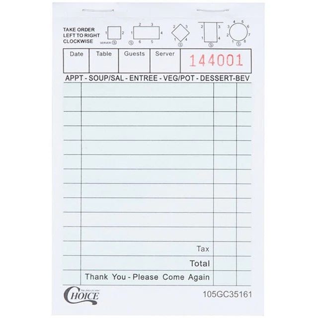 (100/Case) 1 Part Green and White Guest Check with Menu Prompts Table Diagrams