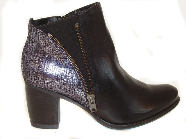 Bottines en cuir noir et gris brillant neuves Geo Reino Cavant taille 36 (pa)