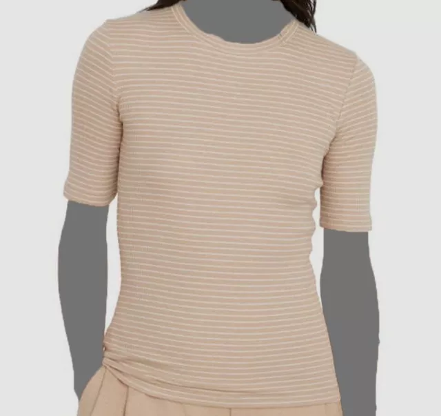 $155 Vince Women's Beige Striped Crew-Neck Elbow-Sleeved T-Shirt Top Size Large