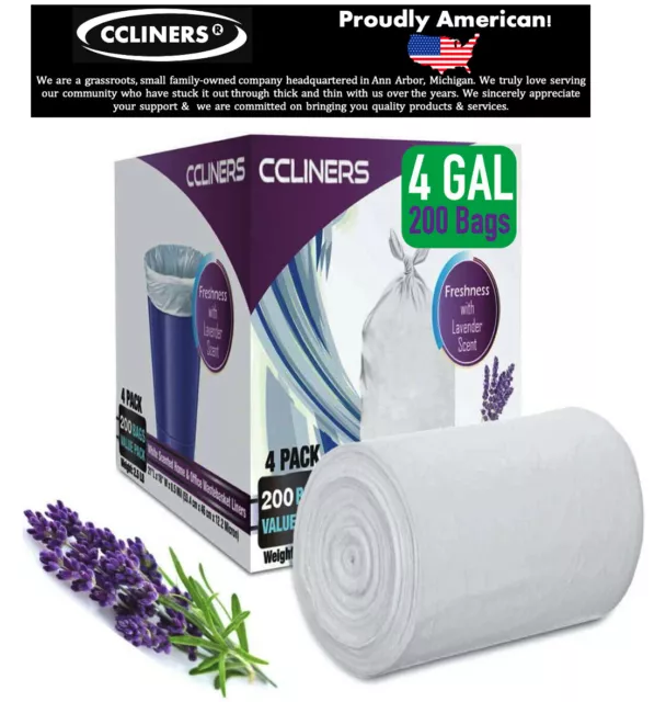 CCLINERS 4 Gallon Small Trash Bags White Lavender Scented, 200 Count