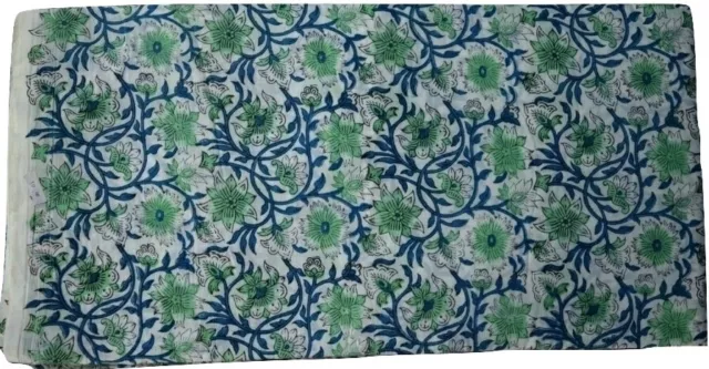 Indien Coton Main Bloc Imprimé Floral Vert Loisirs Créatifs Course Tissu 2.3m