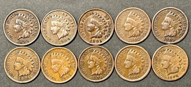 Indian Head Penny Set of 10 Coins Consecutively Dated 1899-1908 ~ Estate Sale