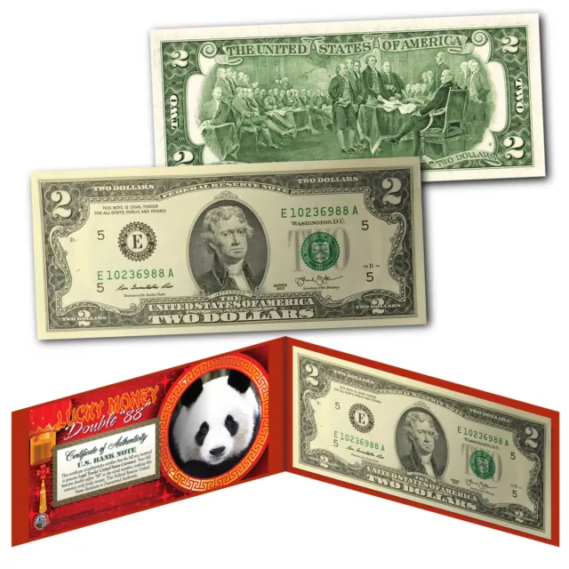 Chinese Panda Lucky Money Double 88 Serial Number $2 U.S. BEP Bill w/ Red Folio