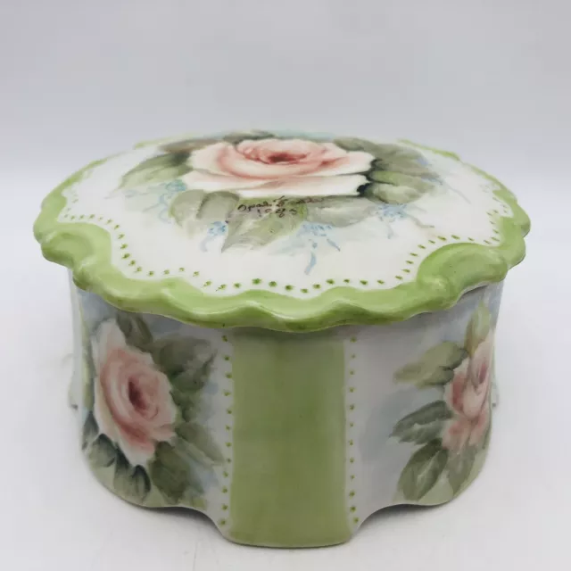 Vintage Green Floral Trinket Box with Lid Fine China Hand Painted Round Roses