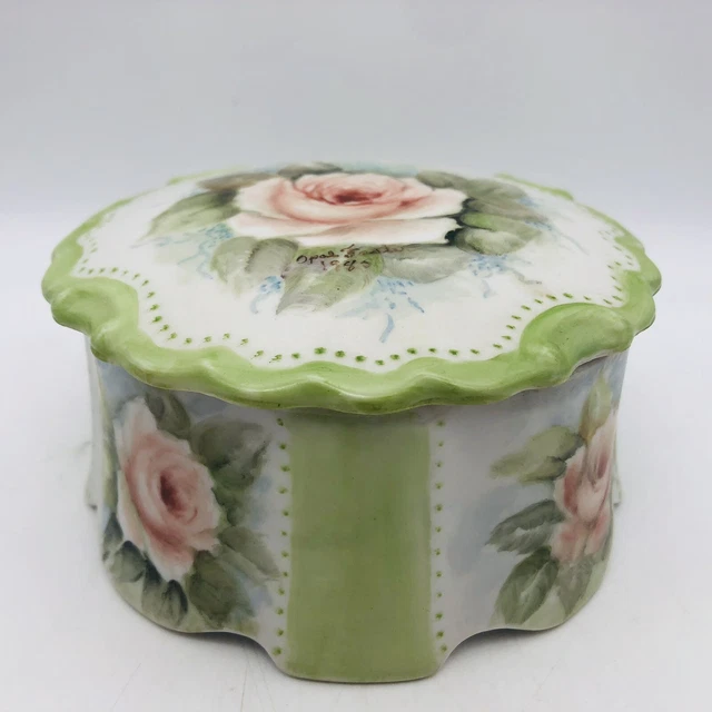 Vintage Green Floral Trinket Box with Lid Fine China Hand Painted Round Roses