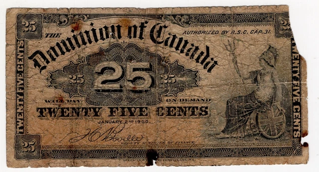 1900 Dominion Of Canada 25 Cent Banknote Shinplaster Boville Torn Bill