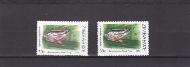 Zimbabwe mnh green color variety on 20 cents frog stamps 2014