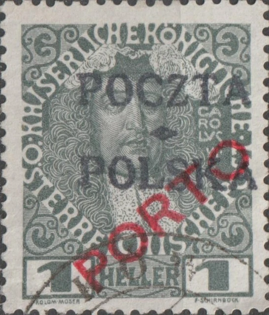 USED 1919 POLAND 1 Hel Emperor Charles VI. POLSKA POCZTA PORTO OVERPRINT Austria