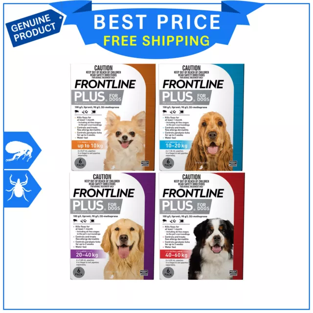 FRONTLINE PLUS Flea and Tick Treatment All sizes for Dogs 6 Pipettes AU Seller
