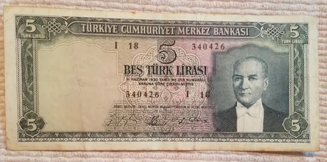 1965 Turkey 5 Lirasi Turkish 5 Lira Note Banknote Bill P 174 VERY FINE VF NICE