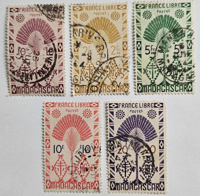 French Madagascar 1943-45, Travellers Tree, Lot Of 5 Used, LH, Bargain Priced