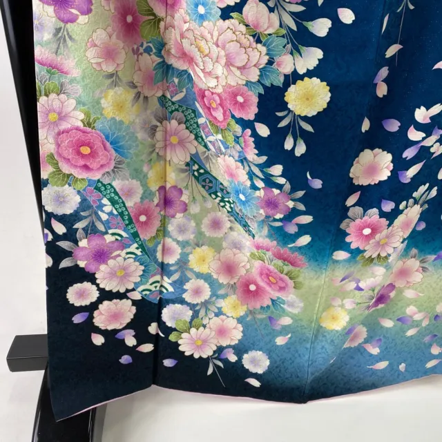 Japanese Silk Kimono Vintage Furisode Gold Peony Cherry Tree Embroidery Blue 65" 2
