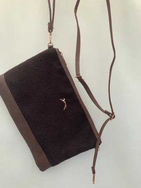 Borsa a tracolla pochette levriero W12"" H9"" D1"" feltro pelle marrone donna