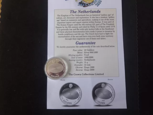 2000 Silver Proof Netherlands 10 Gulden Coin + Coa The Millennium