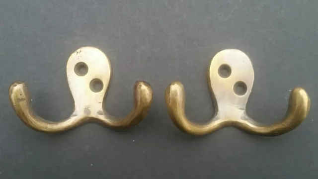 2 Small Double Coat Hat Hooks Solid Brass Antique Vintage style 2 1/2" #C1