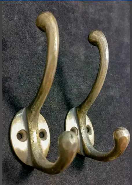 2 Solid Antique Brass Double Coat Hooks w. Oval Backplate 3" x 2"  #C9