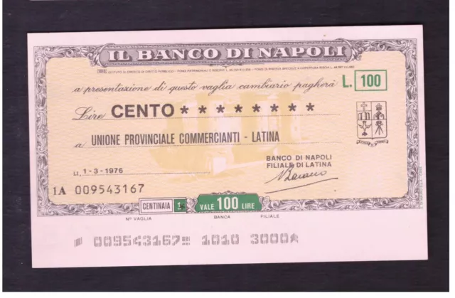 Miniassegno Banco di Napoli Unione Commercianti Latina 100 L 1-3-1976