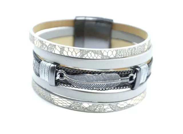 BC2175D - Bracelet Manchette Multi-Rangs Ecailles Satiné Simili Cuir Gris ave...