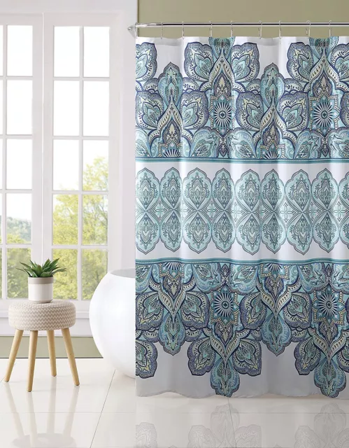 VCNY Home Blue Teal Turquoise White Fabric Shower Curtain Eclectic Floral Design