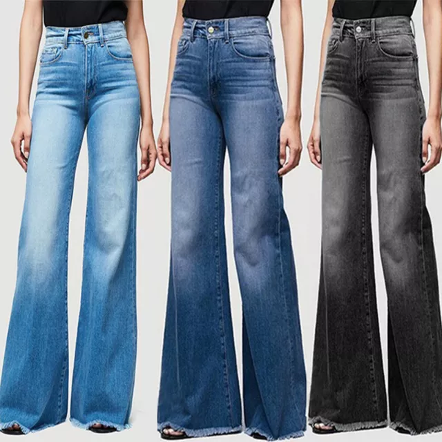 FEMMES DENIM PATTE D l phant vas Pantalon Jeans Taille Haute