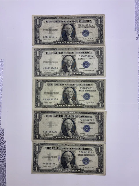 1935 ($1) One Dollar Blue Seal Silver Certificate Set Of Five Notes