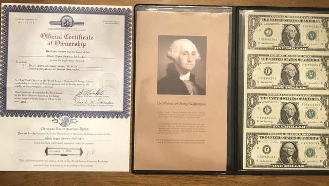 World Reserve Monetary Exchange Uncut Sheet of $1 Dollar Bills  2003A  With COA