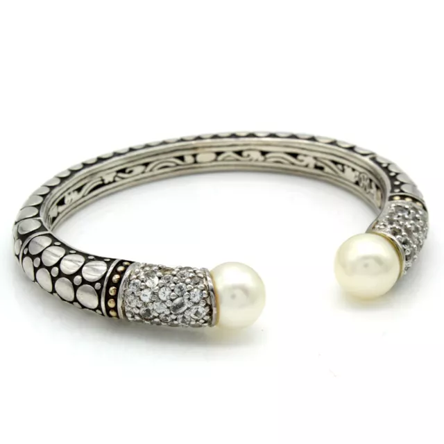 John Hardy 18K Sterling Pave White Sapphire & Pearl Dot Cuff Bracelet #325.3