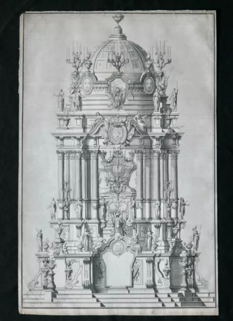 Gravure 18ème siècle, architecture classique, le catafalque de Louis XIV en 1715