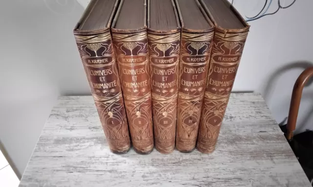 Kraemer. L'Univers et l'Humanité. 5 volumes. Reliures Art Nouveau