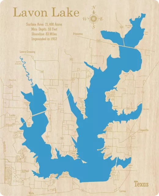 Lavon Lake, Texas - Laser Cut Wood Map | Wall Art | Made to Order
