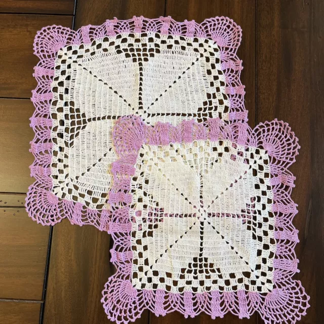 Lot 2 Vintage Crochet Square Doilies - Beautiful White & Lavender Purple Border