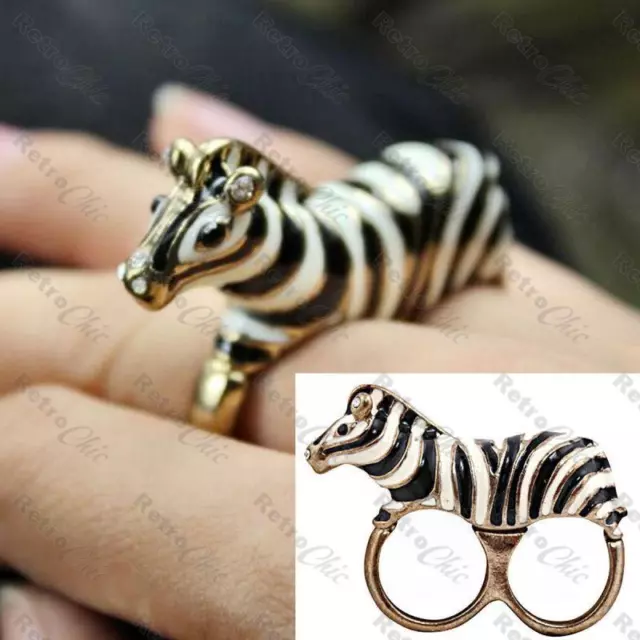 QUIRKY 3D ZEBRA two-finger ring BLACK&WHITE ENAMEL zoo animal VINTAGE GOLD TONE