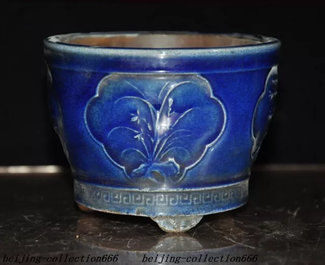 3.8" Chinese Yixing Zisha Pottery Blue glaze flower Bonsai Potted plants pot