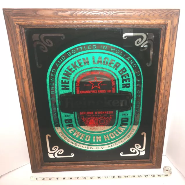 Heineken Lager Beer 23.5"x19.5" Wood Frame Glass Mirror Style Sign PLEASE READ
