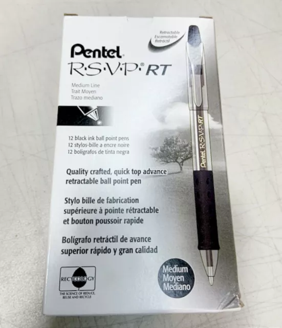 NEW Pentel RSVP RT 12-PACK Retractable Ballpoint Pen BLACK Ink 1.0mm Med BK93-A