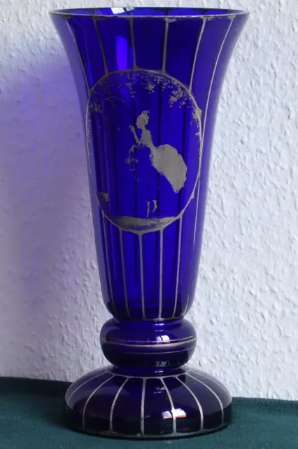 Große Jugendstil Vase Art Nouveau Deco Blauglas mit Silber Bemalung