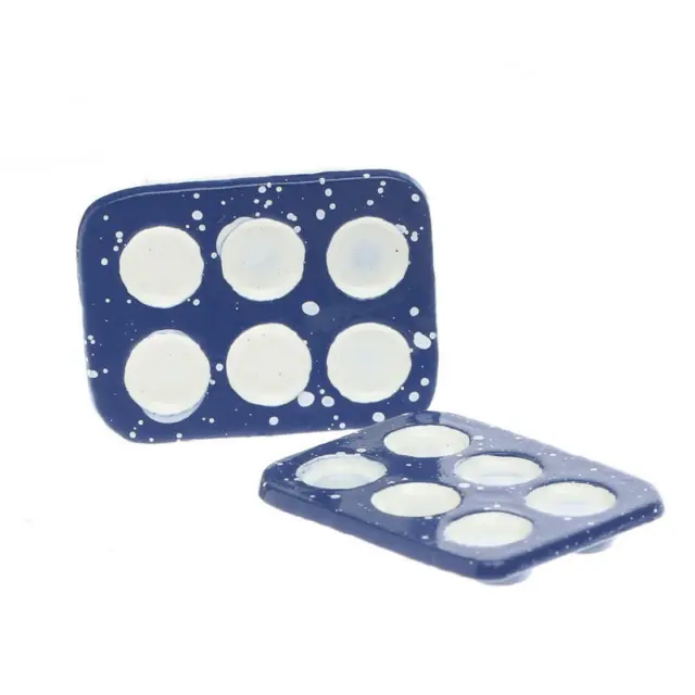 Dollhouse Miniature Blue Speckled Enamelware Muffin Pans | 6 pieces
