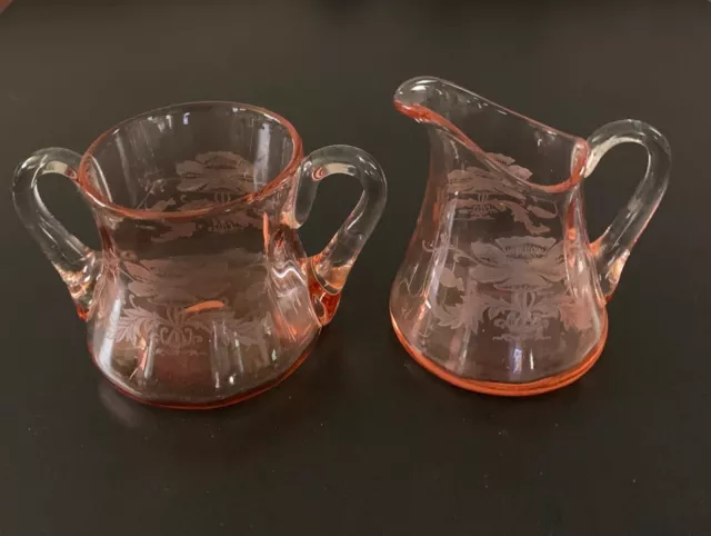 Pink Tiffin Glass Flanders Pattern Creamer and Sugar